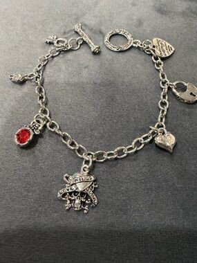 Ed Hardy Silver-Tone Skull & Heart Charm Bracelet with Red Gem